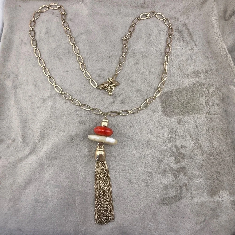 Chico’s Necklace Gold Tone Tassel Signed 36”